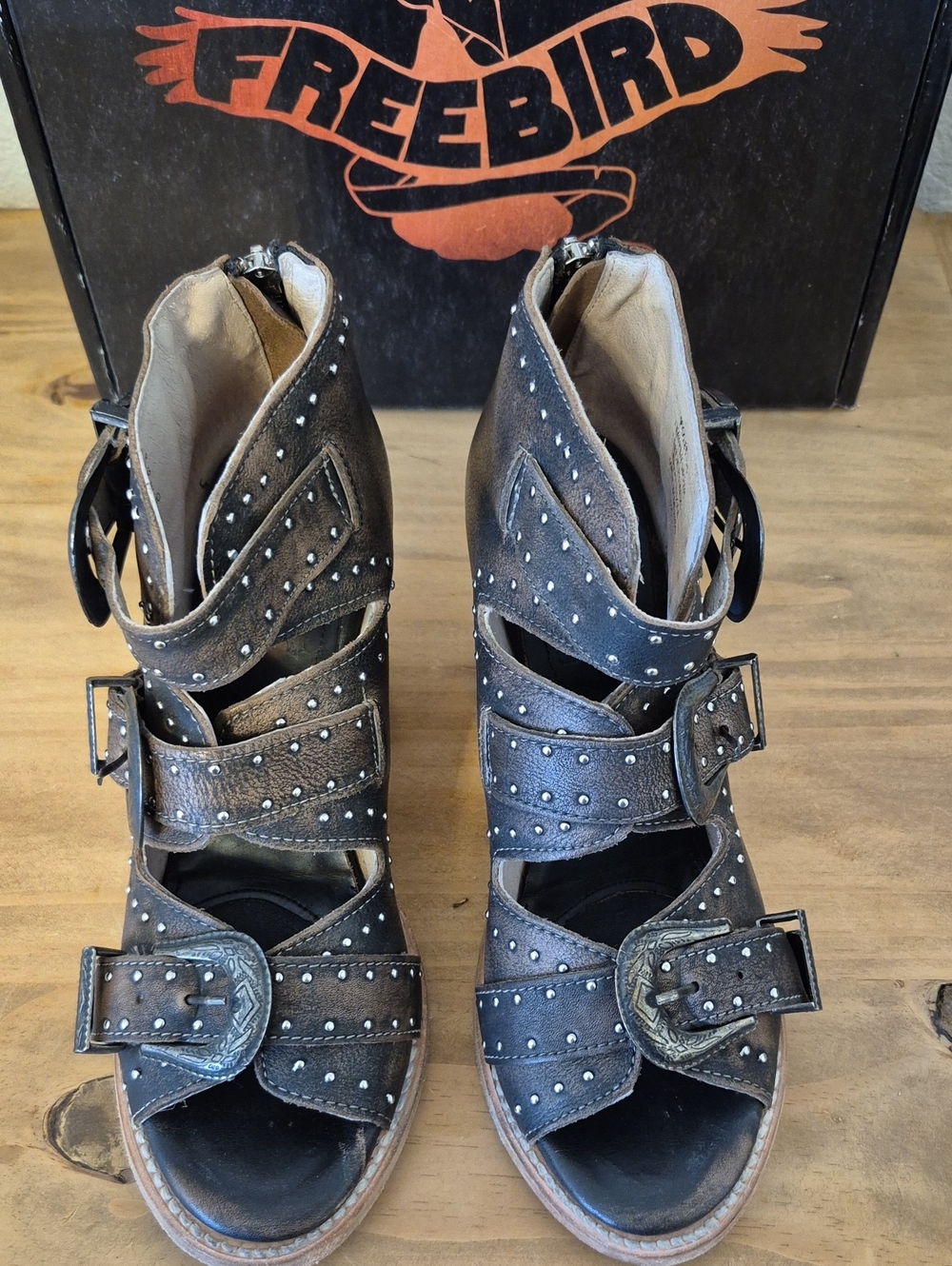 Freebird Distressed Brown Studded Cutout Buckle Heels - Picture 2 of 7